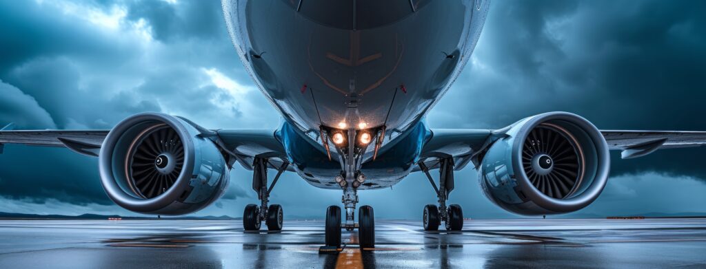 the engine of an airplane is parked on the runway